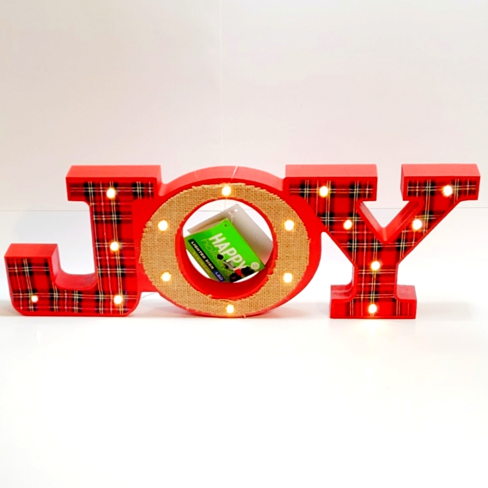 New JOY Sign Light-up Holiday Decor, Holiday Red Plaid, & Burlap